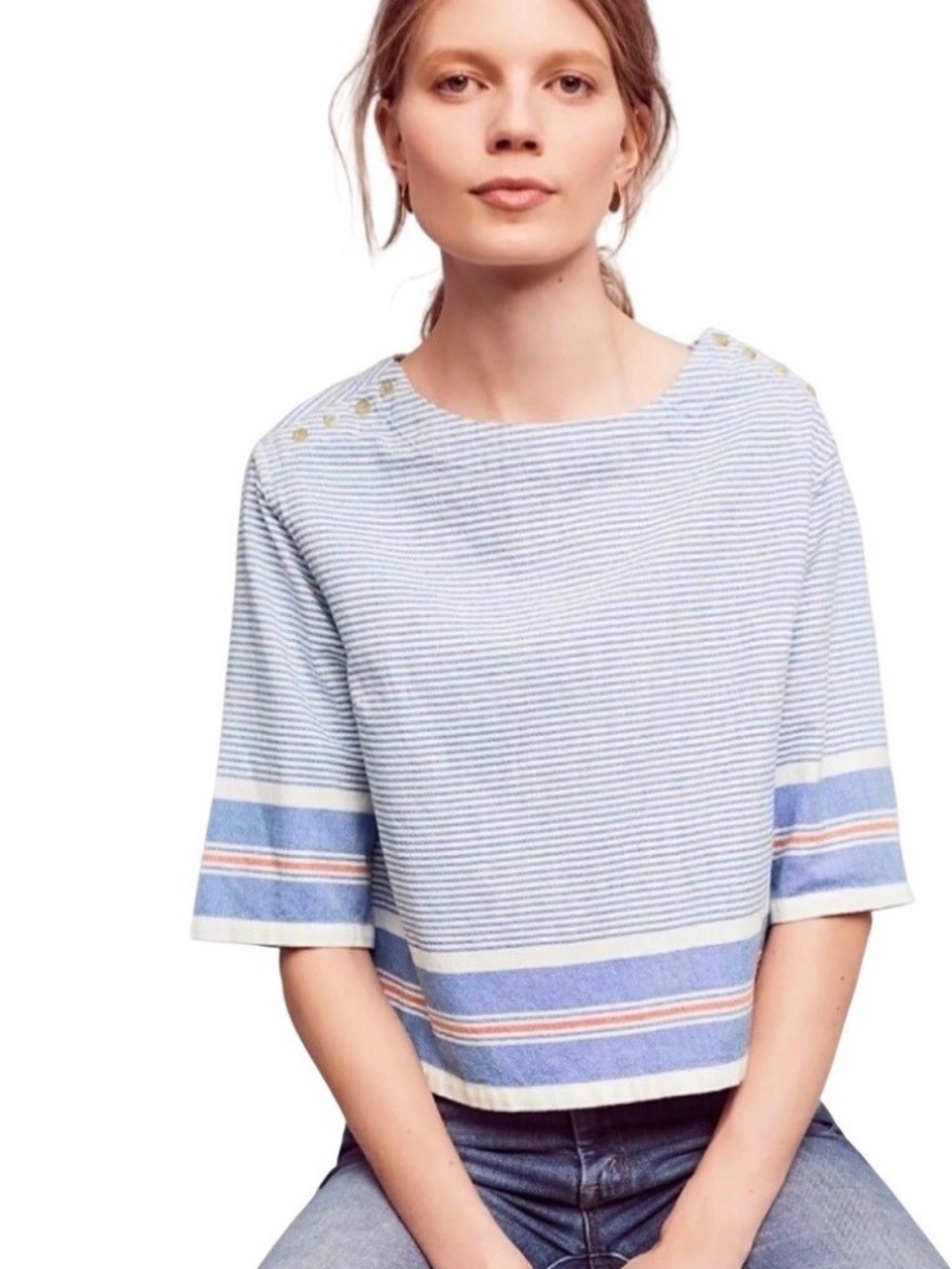 Maeve by Anthropologie Sullivan Striped Top - Blue & White Nautical Boatneck - Picture 1 of 7